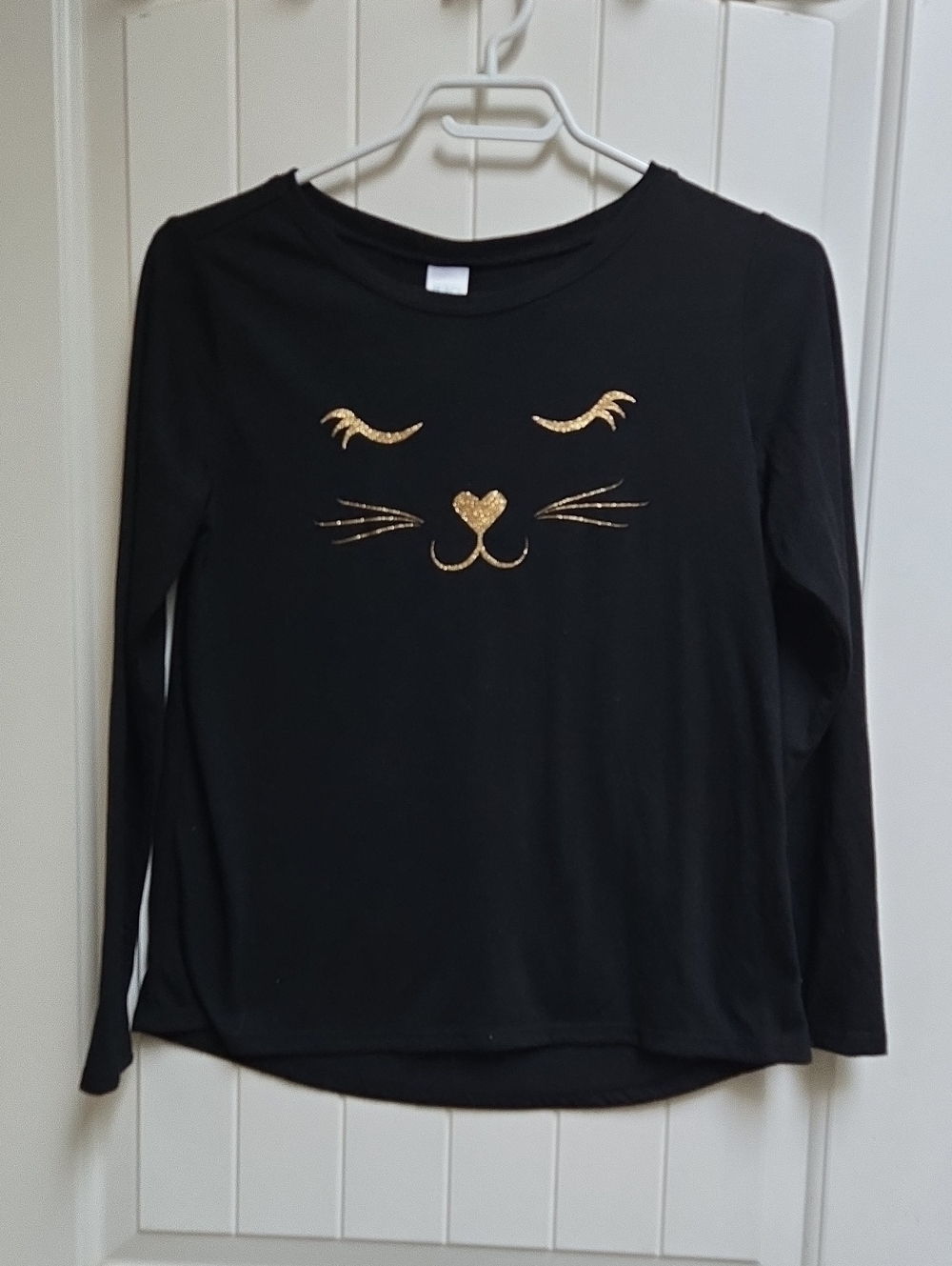 The Children's Place Girls' Black Long-Sleeve Tee with Gold Cat Face Graphic